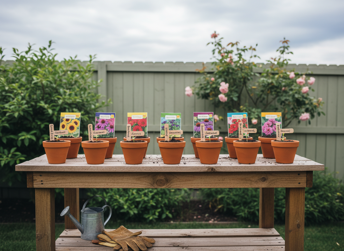A tidy, educational garden planning scene featuring a large wooden potting bench topped with small terracotta pots, each planted with different labeled seeds and seedlings for both annuals and perennials. Tiny green sprouts push through the soil in some pots, while others show seed packets propped neatly behind them, displaying colorful flower illustrations. The bench sits against a backdrop of a soft-focus backyard fence lined with leafy shrubs. Gentle, diffused overcast light from an open sky above creates even illumination with minimal shadows, emphasizing detail in the soil, labels, and emerging leaves. Photographed from a slightly elevated, front-facing angle, the composition is orderly yet playful, with a shallow depth of field that keeps the focus on the central row of pots. The mood is curious, hopeful, and gently instructive, in clean photographic realism that feels approachable for beginner gardeners.