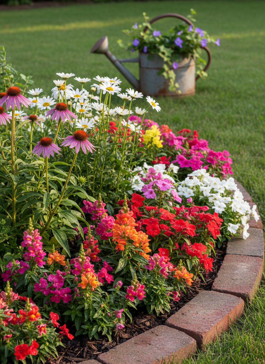 A vibrant close-up of a mixed border showcasing the contrast between long-lived perennials and colorful annuals, with sturdy purple coneflowers and shasta daisies rising behind a frothy edge of dwarf snapdragons and vivid impatiens. Dewdrops cling to the petals and leaves, catching the early morning light. The plants are nestled in rich mulch alongside a curved brick edging that guides the eye through the composition. In the distance, a softly blurred lawn ornament—an old metal watering can planted with trailing ivy—adds a playful touch. Cool, clear morning sunlight illuminates the scene from the side, carving out texture in the petals and casting delicate shadows. Shot at flower height with a medium depth of field, multiple layers of blooms are in focus, conveying depth and abundance. The atmosphere is fresh, energetic, and full of possibility, rendered in crisp, colorful photographic realism.