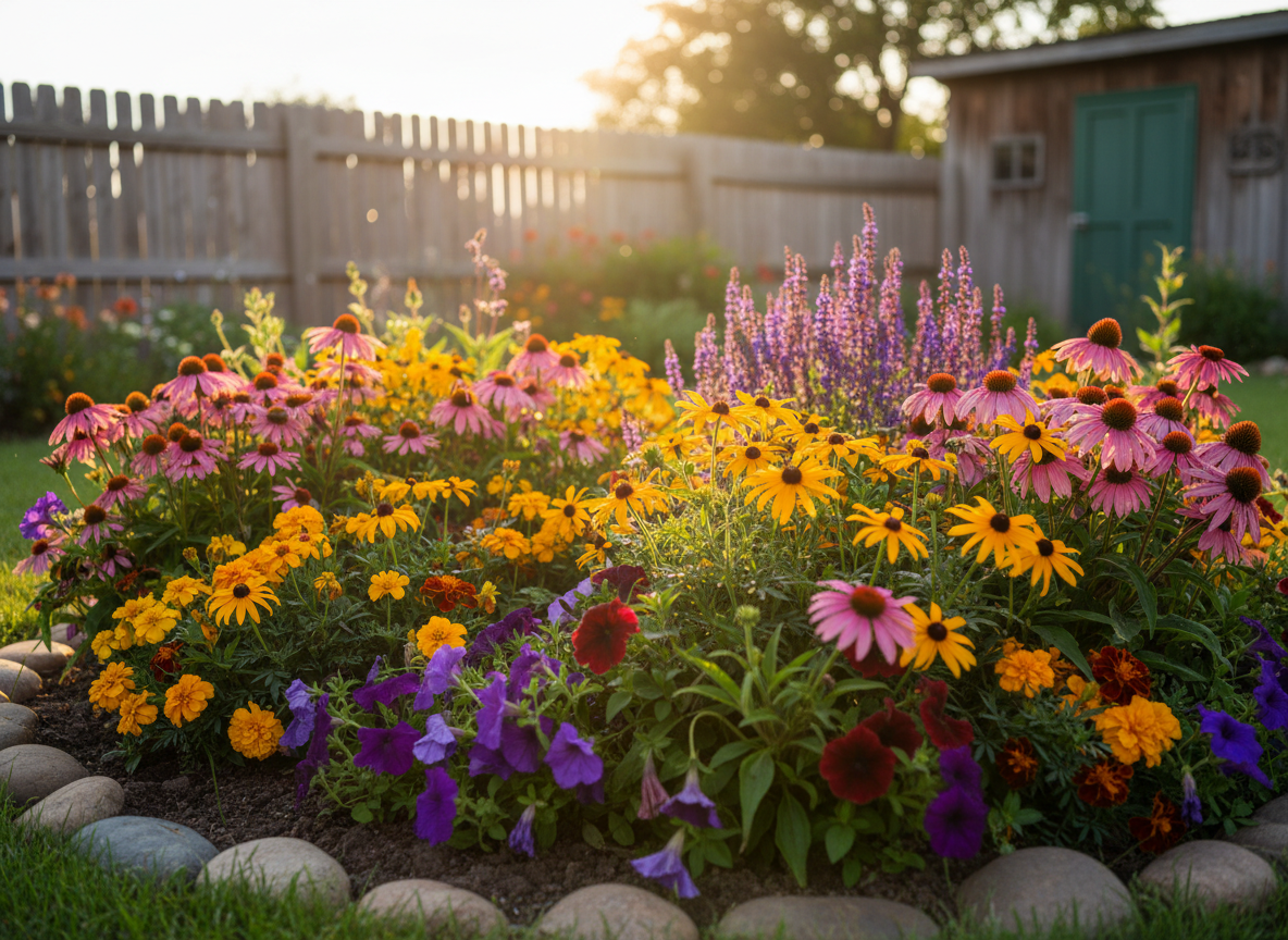 A lush mixed flower bed overflowing with perennials and annuals in peak summer bloom, featuring coneflowers, black-eyed Susans, petunias, marigolds, and salvia interwoven in playful color blocks of pink, yellow, purple, and deep red. The flowers fill the foreground, planted in rich, dark soil edged with smooth river stones. In the background, a soft-focus wooden fence and a hint of a weathered shed suggest a cozy backyard. Warm late afternoon sunlight casts a golden glow across the petals, creating sparkling highlights and gentle shadows. Photographed at eye level with a shallow depth of field, the nearest blossoms appear crisp and detailed while the background melts into creamy bokeh. The mood is joyful, welcoming, and fun, with vibrant photographic realism that celebrates the abundance of a thriving summer garden.
