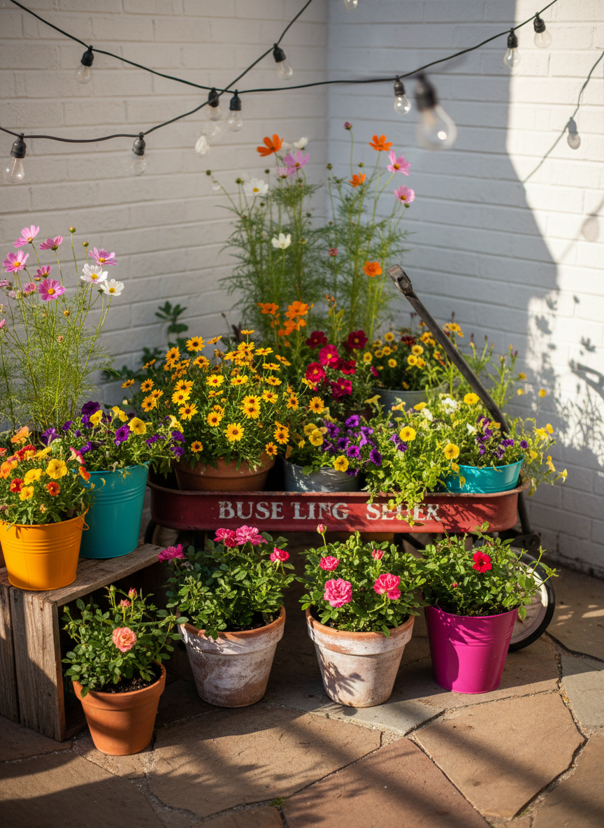 A small, sun-drenched patio corner transformed into a playful container garden, with an array of mismatched pots—brightly painted metal buckets, classic terracotta, and rustic wooden boxes—brimming with a mix of perennials like mini roses and coreopsis alongside annuals like calibrachoa and cosmos. The containers cluster around a vintage red wagon repurposed as a mobile planter, its handle resting against a whitewashed brick wall. Strings of tiny bulb lights zigzag above, slightly out of focus. Late afternoon sunlight streams in from the side, creating sparkling highlights on glossy leaves and casting fun, irregular shadows on the patio stones. Captured from a three-quarter overhead angle, the composition feels full yet cozy, with a shallow depth of field that keeps the central wagon and nearest pots sharply defined. The mood is playful, creative, and casual, presented in vibrant, realistic photography with a warm color palette.